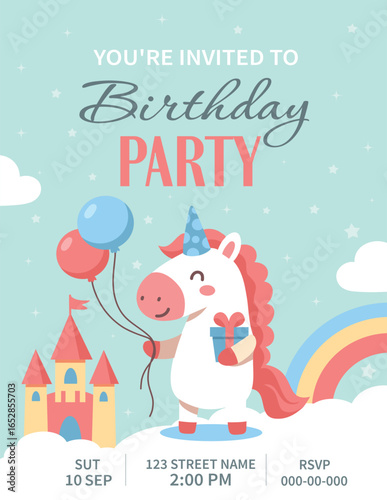 Cute vector birthday invitation with a unicorn on a cloud, balloons, rainbow and castle. Delicate shades of blue and pink will create a magical fairy tale atmosphere at a children's party