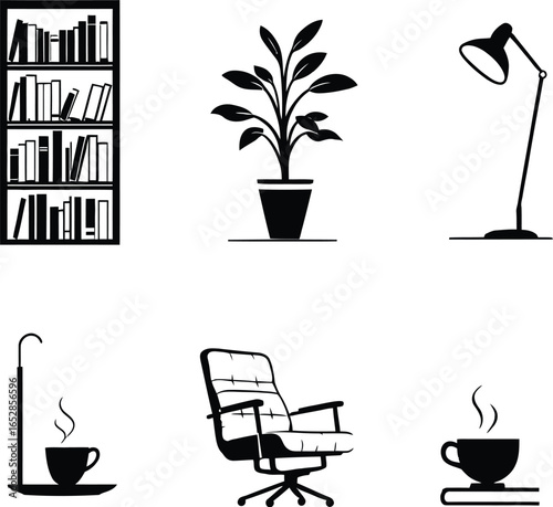 Black and white vector illustration of a bookshelf plant chair lamp and cups in a minimal style