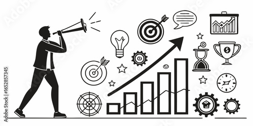 Silhouette of a businessman using a megaphone to announce business growth and success with various icons representing goals and achievements