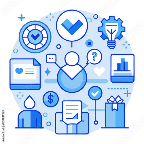 Abstract illustration of business process management with icons representing tasks goals and success in a circular design