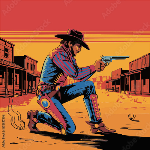 Vector artwork illustration of cowboy dressed in kaleidoscopic leathers squares off in the town square