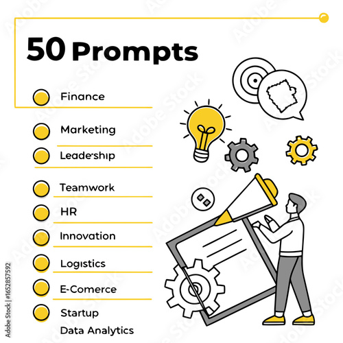 Collection of business concepts and ideas illustrated with icons and textual prompts for strategic planning