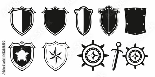 Collection of black and white heraldic shields nautical symbols and a sword against a white background