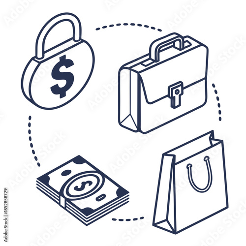 Isometric outline icons representing financial transactions including a briefcase money and a shopping bag connected by dotted lines