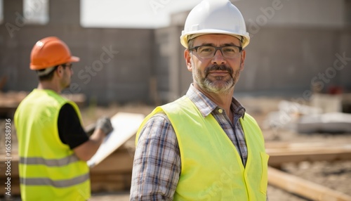 Construction foreman supervises work on building site. Man in hard hat, safety vest. Overseeing project, construction worker. Leadership, project management. Men working, teamwork, building,