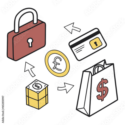 Secure online shopping transaction with credit card cash currency and shopping bag conceptual illustration