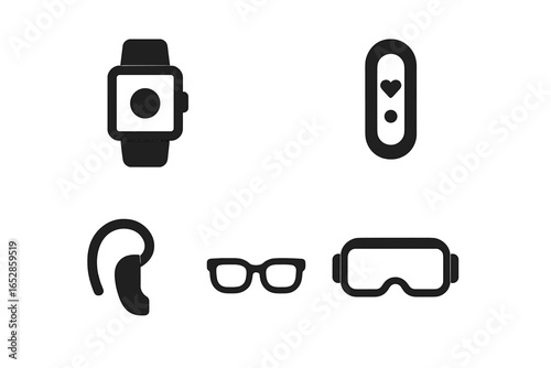 Minimalist Icons of Modern Tech Gadgets: Smartwatch, Fitness Tracker, Wireless Earbud, Eyeglasses, VR Headset on Dark Background - Comprehensive Vector Collection