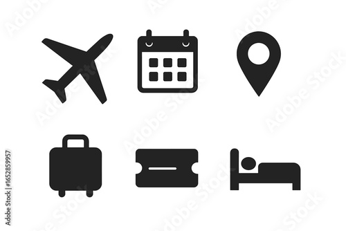 Minimalist travel icons including an airplane, calendar, location pin, suitcase, ticket, and bed presented on a dark, softly illuminated background, ideal for planning journeys and accommodation.