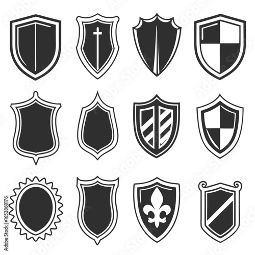 Collection of twelve diverse heraldic shields and crests in a clean modern flat design style for emblems and icons