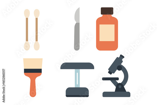Illuminated Scientific and Artistic Tools: Microscope, Scalpel, Paintbrush, Medicine Bottle, and Swabs Glowing in Modern Abstract Composition Symbolizing Research and Creativity