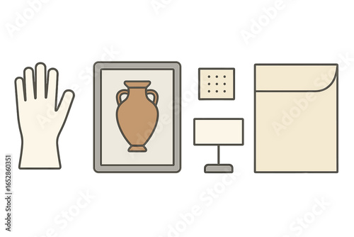 Museum exhibit showcasing ancient artifacts in a display case, featuring an amphora, protective gloves, informational plaques, and display stands for preserving and educating about cultural heritage