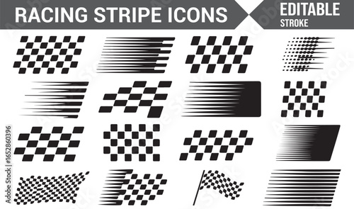 Creative Checkered Flag and Racing Stripe Icon Set for Automotive Projects