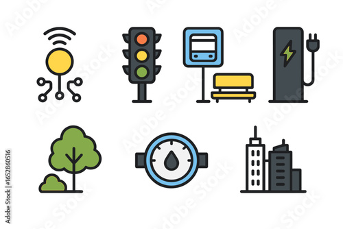Modern Flat Icons for Smart City Concepts: Traffic Signals, Public Transport, EV Charging, Green Spaces, and Urban Infrastructure, Presented with a Contemporary Aesthetic