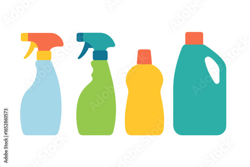 Vibrant collection of cleaning spray bottles and containers with glowing effects on a dark background, symbolizing household hygiene, cleanliness, and a fresh, tidy home environment.