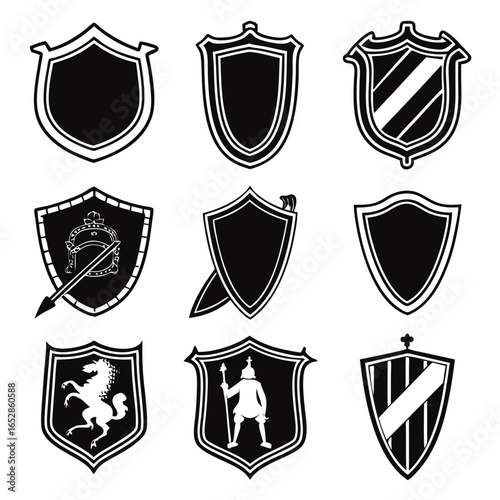 Collection of nine black and white shield emblems featuring heraldic symbols and decorative elements