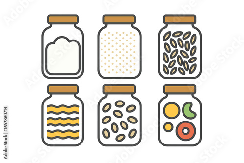 Six Stylized Glass Jars Filled with Dry Goods and Ingredients, Presented in a Clean, Modern Flat Design with Subtle Shadows and Highlights on a Textured Background.