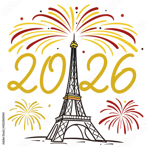 Happy new year 2026 celebration with eiffel tower and fireworks in paris france festive design