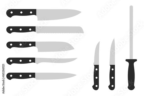 Sharp kitchen knives and a sharpening steel displayed on a dark, glowing background. The modern, sleek design highlights sharp blades and dark handles, perfect for culinary themes and professional co
