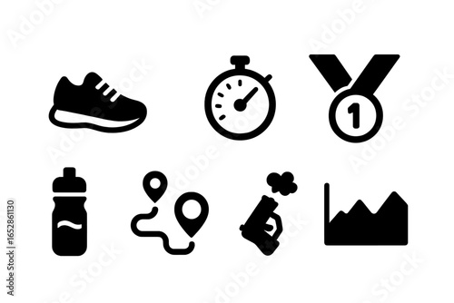 A diverse collection of sports and fitness icons, featuring stylized silhouettes of a running shoe, stopwatch, medal, water bottle, and weights, conveying effort and movement against a vibrant gradie