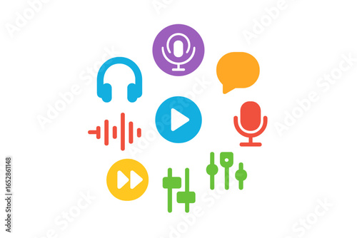 Vibrant collection of audio and communication icons, featuring microphones, headphones, play button, equalizer, and chat bubble, set against a softly blurred, colorful background evoking a modern dig