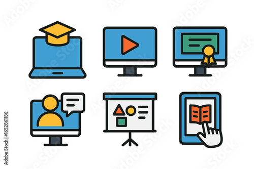 Educational and Online Learning Icons: Laptops, Monitors with Video, Certificates, Presentations, and Tablets for Digital Education and E-Learning Concepts