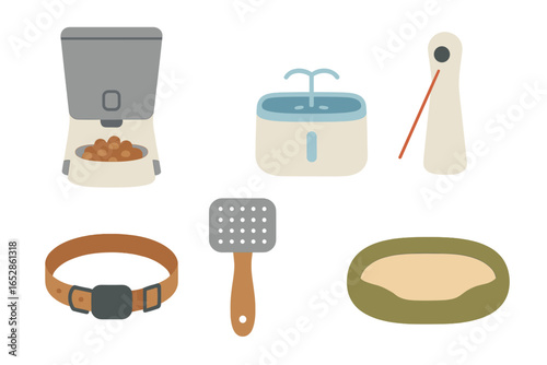 Modern Pet Care Essentials: Automatic Feeder, Water Fountain, Grooming Brush, Collar, and Cozy Bed, Presented with a Soft Glow for Enhanced Visual Appeal and Style.