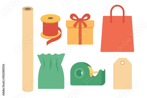 A stylized graphic features a comprehensive collection of everyday gift wrapping and packaging supplies, complete with a roll of paper, ribbon spool, gift box, shopping bag, drawstring pouch, tape di