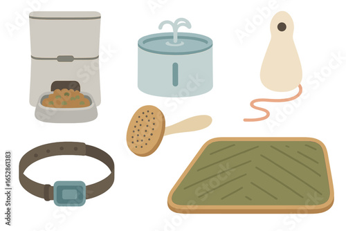 Stylized Cartoon Pet Care Collection: Automatic Feeder, Water Fountain, Grooming Brush, Glowing Collar Tag, and Scratching Mat on Soft Gradient Background