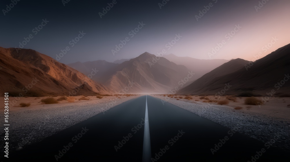 Naklejka premium Long road with mountains in the background. The road is empty and the sky is cloudy