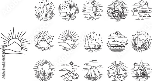 Outdoor camping and adventure line art bundle, vector illustration of mountain, forest, river, and sun.