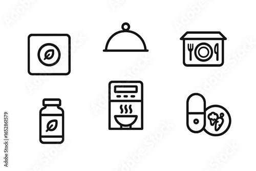 Comprehensive set of minimalist line icons symbolizing healthy eating, dining experiences, and nutritional supplements, perfect for conveying wellness and dietary concepts across digital platforms an