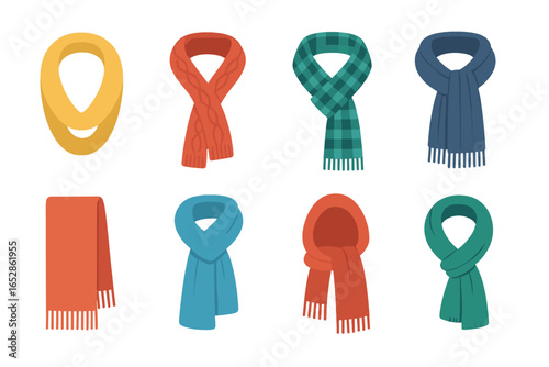 A vibrant collection of diverse scarves in various colors and patterns, displayed against a softly glowing gradient background, highlighting each unique winter fashion accessory with an enhanced visu