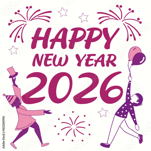 Celebratory happy new year 2026 design with festive fireworks balloons and dancing figures in pink and purple colors