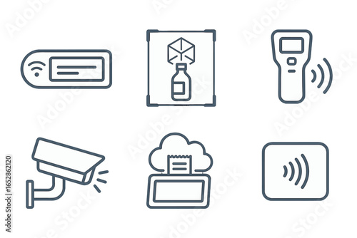 Six modern line art icons for technology and security: keycard, 3D printing, thermal scanner, surveillance camera, cloud data, and contactless payment. Presented on a dark, atmospheric background, th