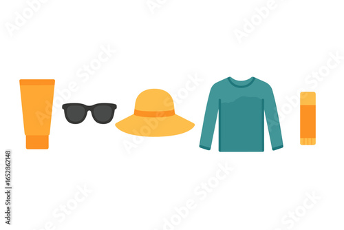 Essential summer accessories for sun protection and outdoor activities: sunglasses, a wide-brimmed hat, a long-sleeved shirt, sunscreen, and lip balm. These items provide protection and style for sun