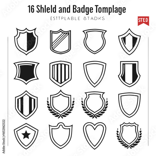 Collection of sixteen diverse shield and badge emblems with various designs and outlines for graphic design elements