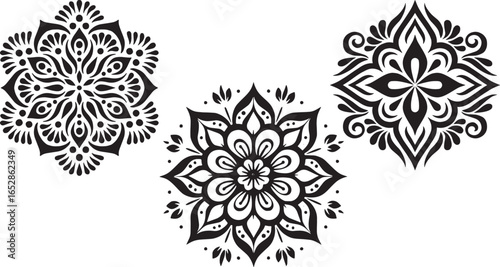 Intricate floral mandala vector set: decorative abstract ornamental designs in black and white.