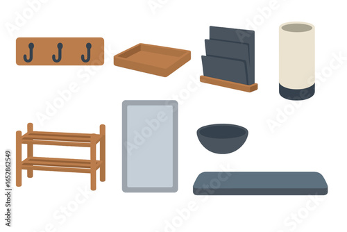 Collection of home organization and decor items including a wall-mounted coat rack, a two-tier shoe rack, a wooden tray, a mirror, a letter holder, a bowl, a shelf, and a modern cylinder lamp.