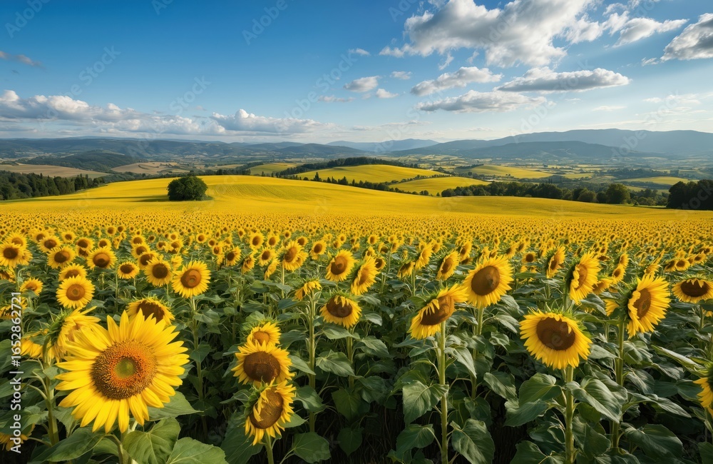 Obraz premium Vast sunflower fields bloom vibrantly across Tuscan rolling hills. Sunlit landscape shows vineyards under blue skies. Summer agriculture scene captures nature, countryside, farmland, blooming flora.