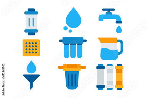 Conceptual illustration of water purification process with various filters and a pitcher, showcasing clean water technology and filtration systems in a modern, stylized design with glowing effects.