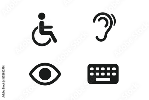 Four Diverse Accessibility Icons: Wheelchair User, Ear, Eye, Keyboard on Gradient Background with Embossed Effect Symbolizing Inclusivity and Access for All