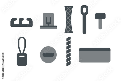 A comprehensive collection of isolated, practical accessories and tools, rendered with a minimalist aesthetic. This clean graphic design element set emphasizes functionality and modern design princip