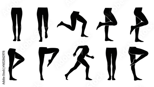 Human Legs Silhouette Vector Set – Various Positions of Legs and Feet – Standing, Walking, Bending, Movement, and Simple Style Illustration
