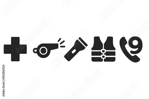 Comprehensive set of safety and emergency icons featuring a medical cross, whistle, flashlight, life vest, and telephone, presented in a minimalist graphic style with a dark background for clear visi
