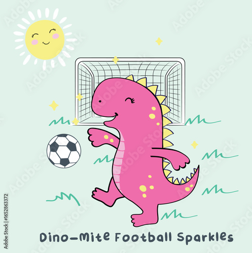 Dino mite football sparkle, cute Dino graphics for baby girls t-shirts mugs. Dino baby. Colorful cute baby illustration.