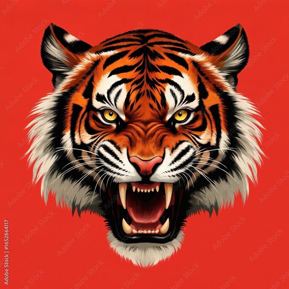Obraz premium Fierce tiger head illustration with sharp teeth, intense yellow eyes, black orange stripes on vibrant red background. This powerful predator exhibits aggressive snarl, symbolizing strength, danger.