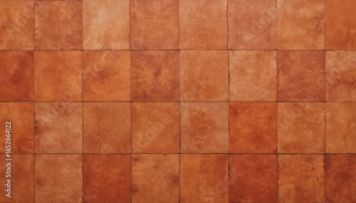 Top view of terracotta tiles with a rustic brown square pattern. Textured surface with subtle variations in color and finish, suitable for flooring, wall decoration, or backsplashes. © Lubov