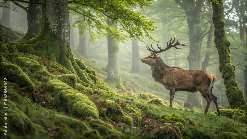 Fototapeta premium A wild red deer with large antlers stands in a sunny forest meadow, its brown fur blending with the autumn grass