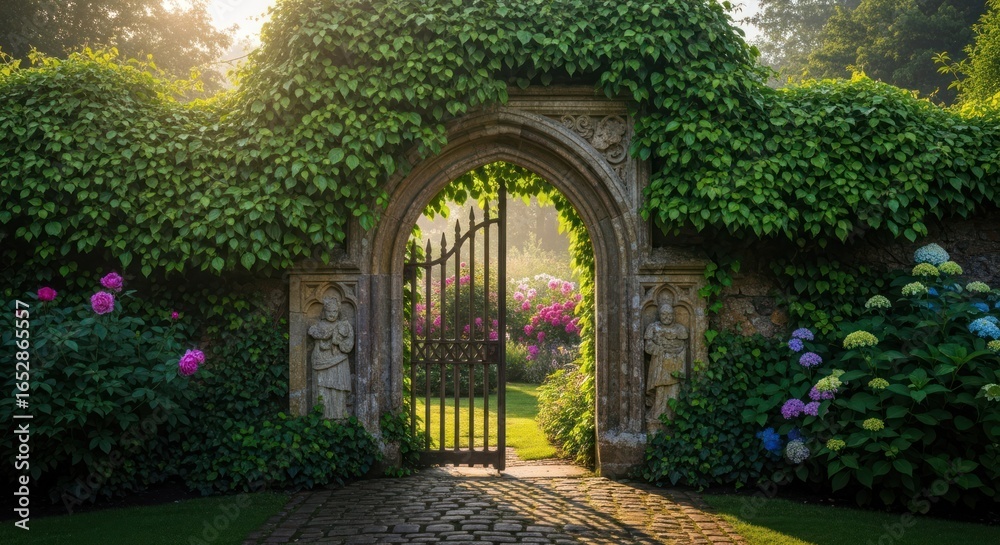Fototapeta premium Gate to a vibrant garden, stone arch covered in foliage, sunlight filtering through