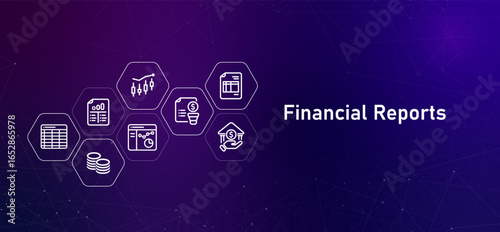Financial Reports icons related to finance and accounting charts spreadsheets money quarterly earnings annual reports cash flow balance sheet and other financial data for investors and public